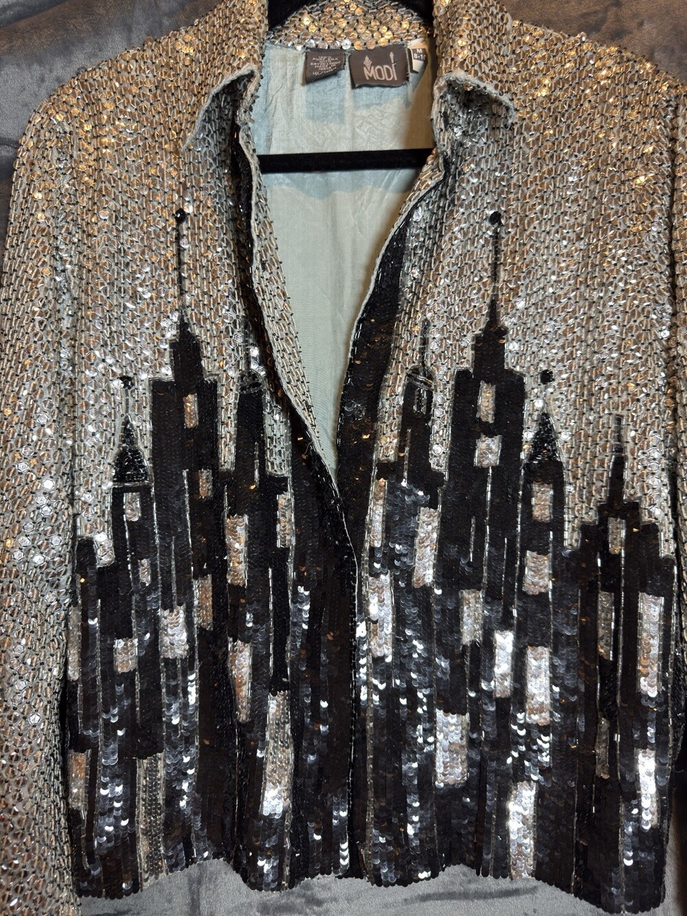 Vtg Modi Rare Unique NYC Themed Sequin Jacket Pure Silk Sz 8-10 NYE Ready
